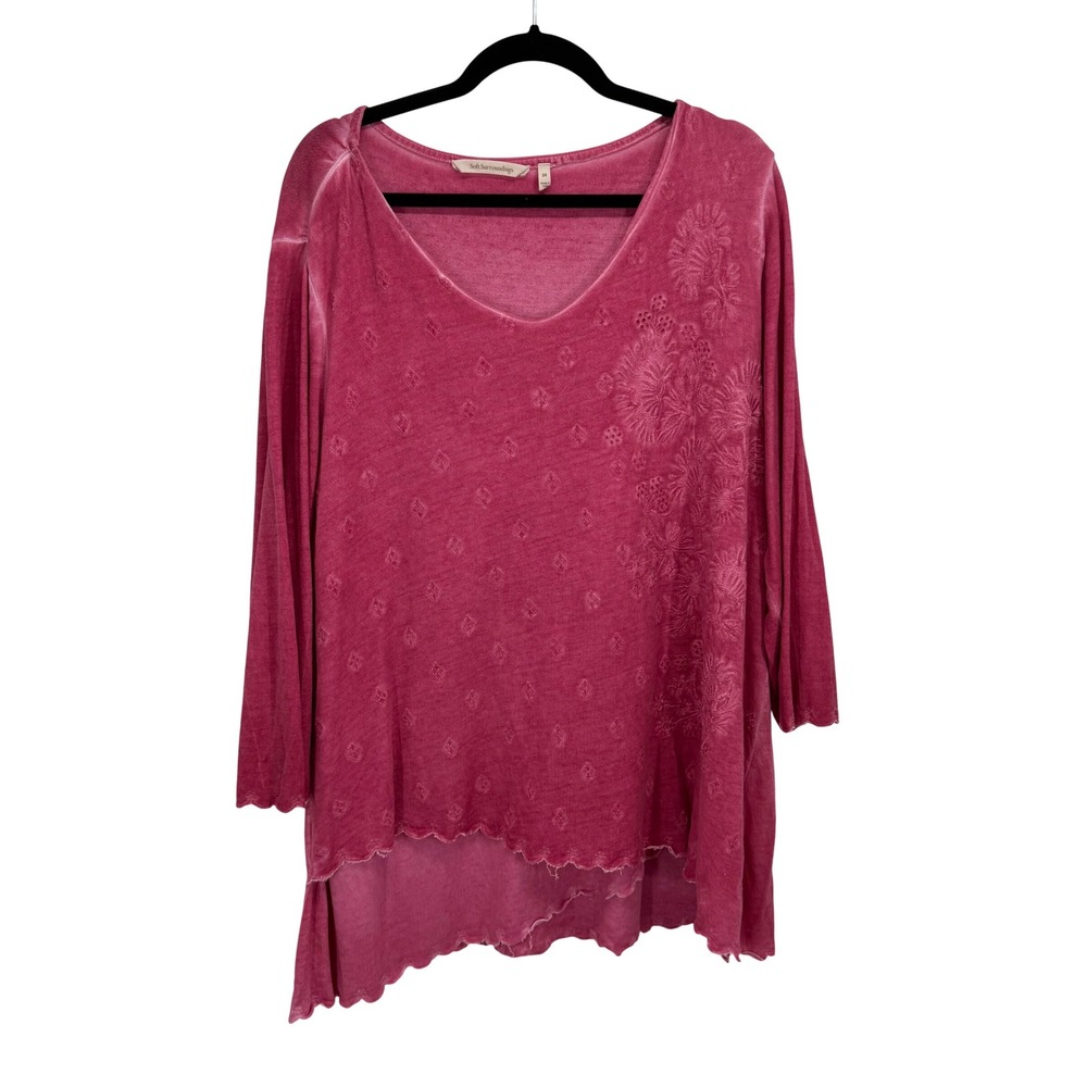 Soft Surroundings 2X Pink Cotton Embroidered Top 3/4 Sleeve Boho Coastal